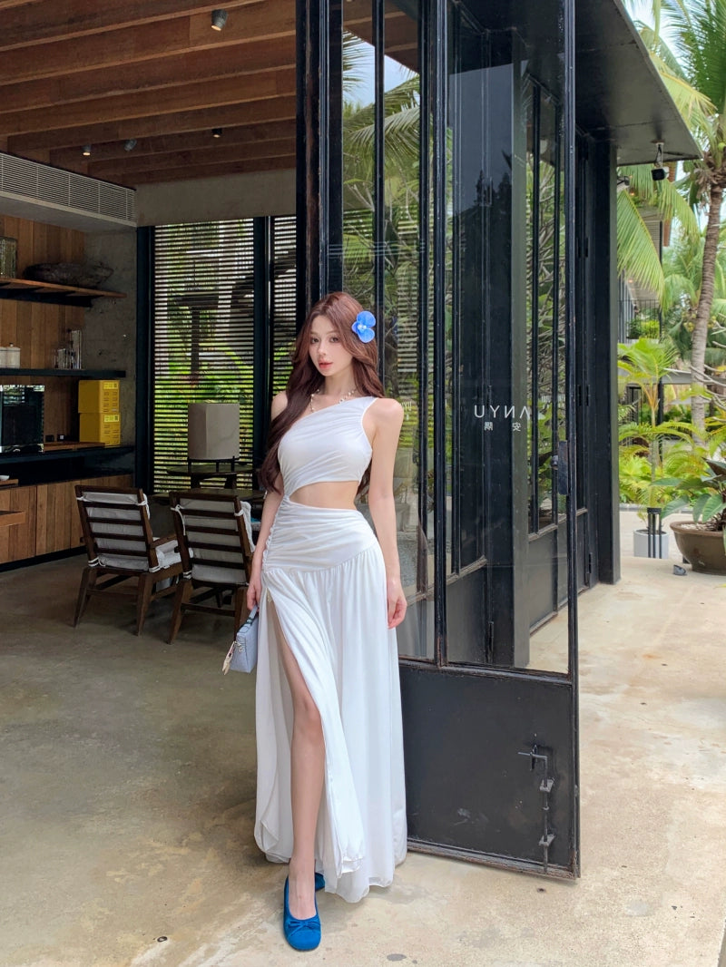 Asymmetrical One-Shoulder Maxi Dress – Cutout A-Line Vacation Dress (Available in 2 Colors)