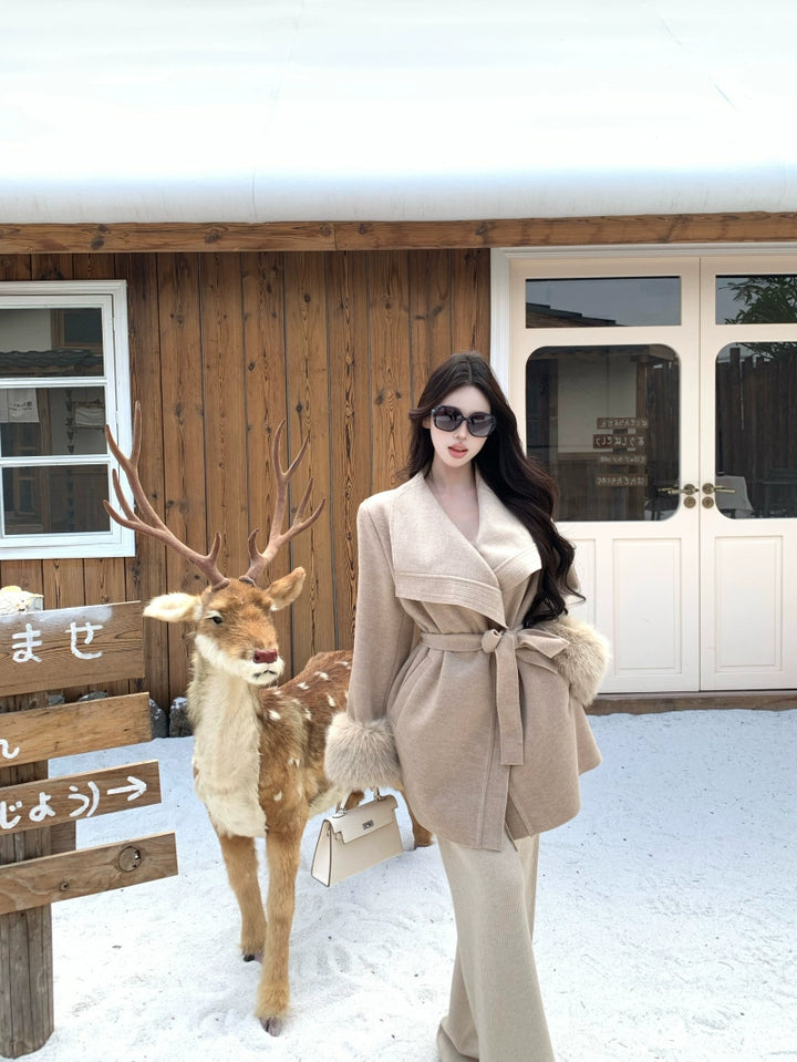 Elegant Belted Faux-Fur Cuff Coat – Mid-Length Soft Vintage Look (Available in 4 Colors)