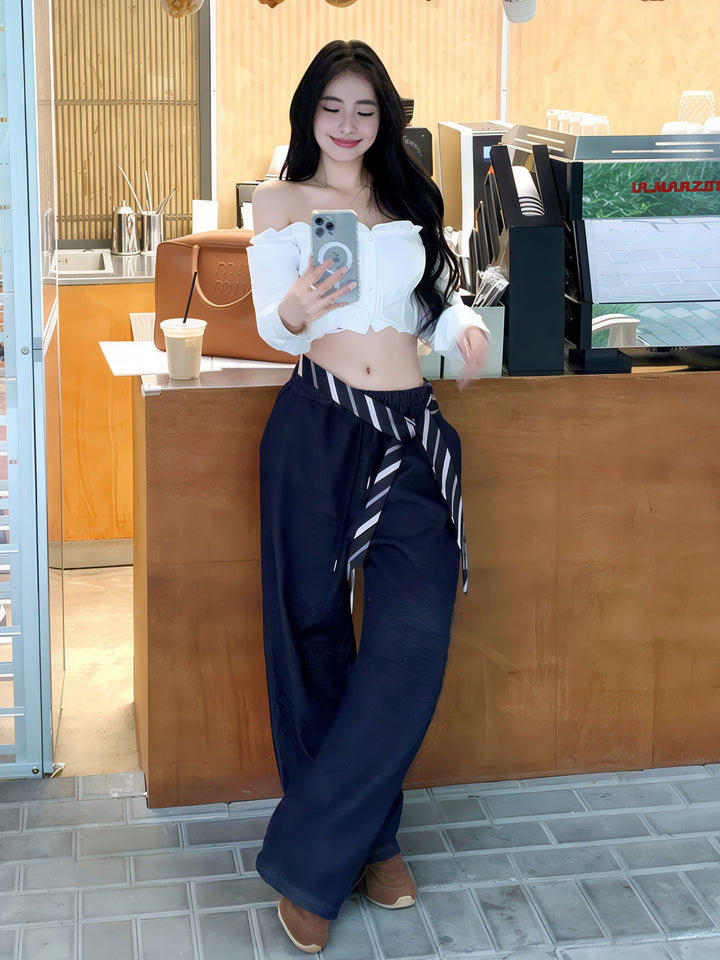 露肩白色长袖衬衫 - 性感修身短款衬衫