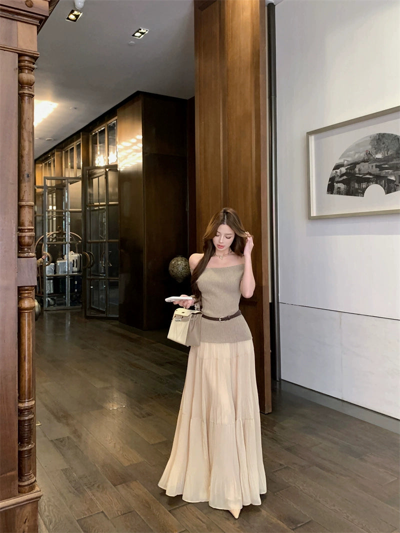 Off-Shoulder Fitted Knit Tee & High-Waist A-Line Maxi Skirt Set – Summer Two-Piece Outfit