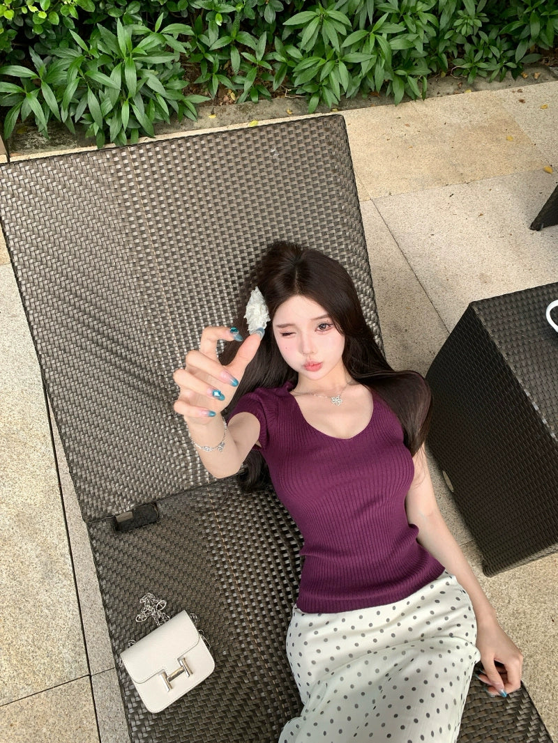 Purple V-Neck Slim Knit Short Sleeve Top – Summer Basic Sexy Waist-Fit Tee(Available in 4 Colors)