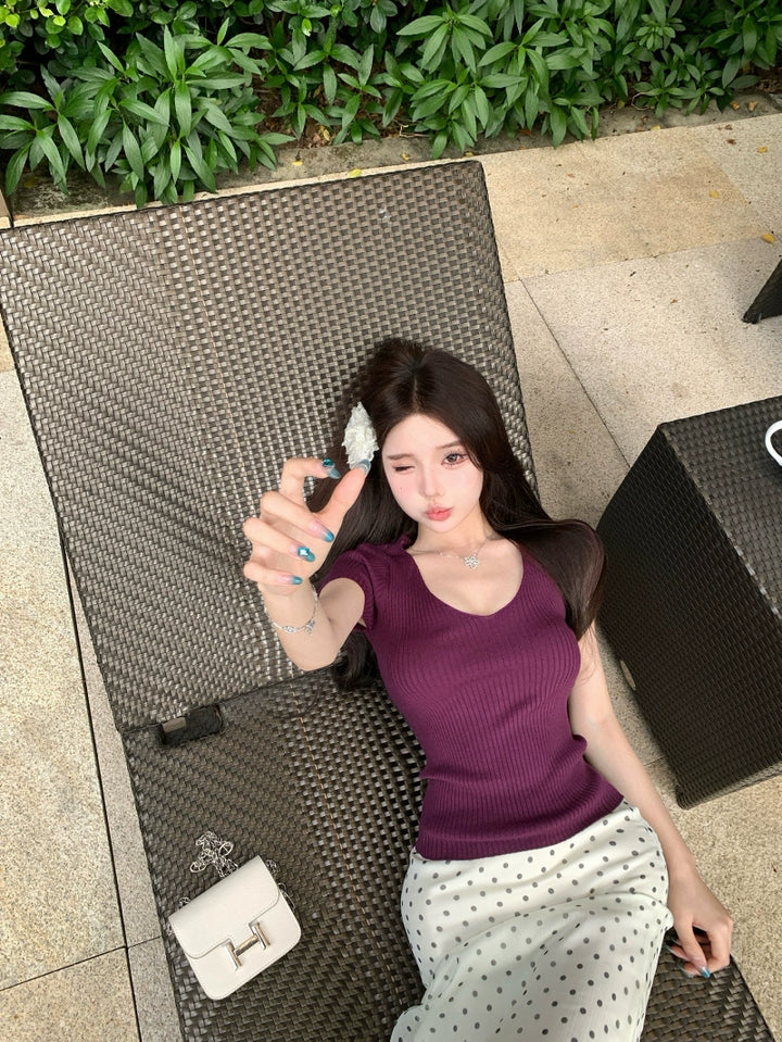 Purple V-Neck Slim Knit Short Sleeve Top – Summer Basic Sexy Waist-Fit Tee(Available in 4 Colors)