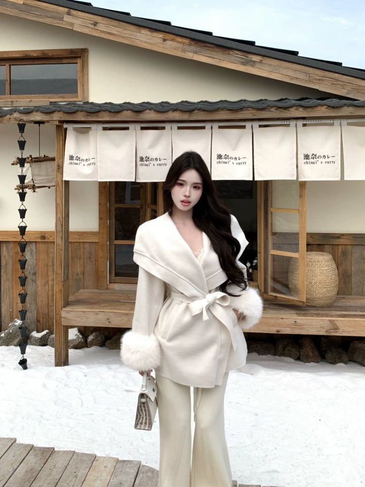 Elegant Belted Faux-Fur Cuff Coat – Mid-Length Soft Vintage Look (Available in 4 Colors)