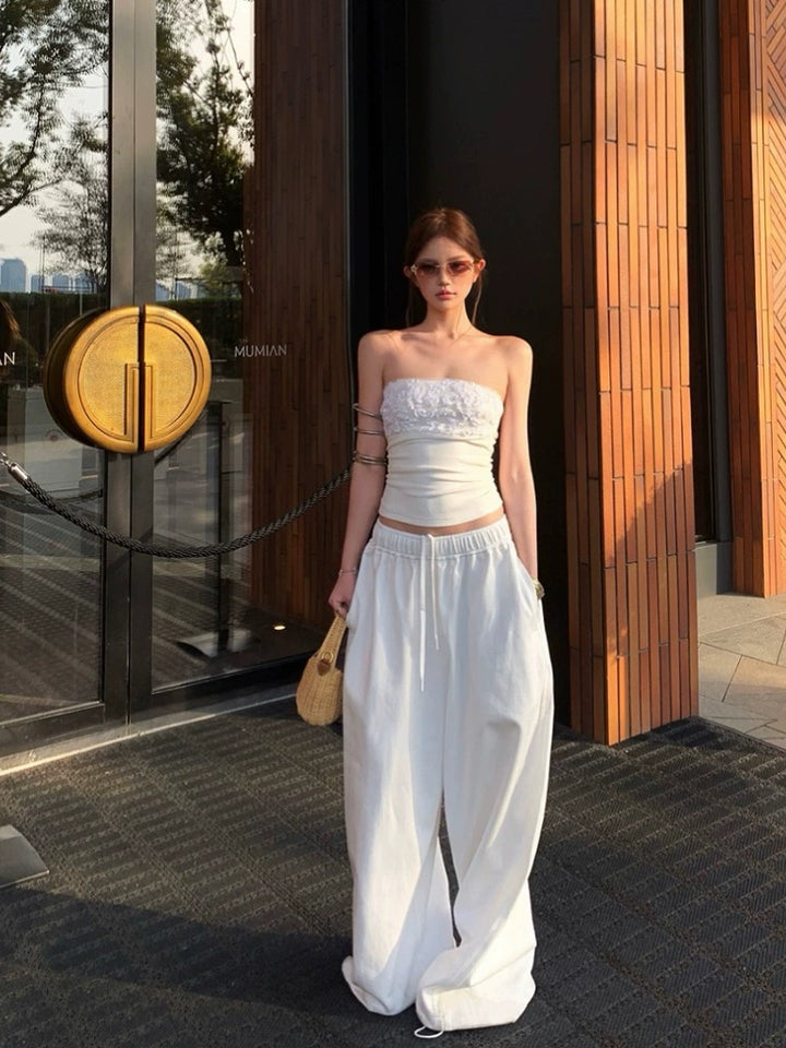 White Sequin Backless Tube Top & Wide-Leg Pants Set – Glamorous Two-Piece Outfit