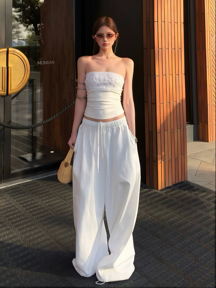 白色亮片露背抹胸阔腿裤套装——魅力两件套