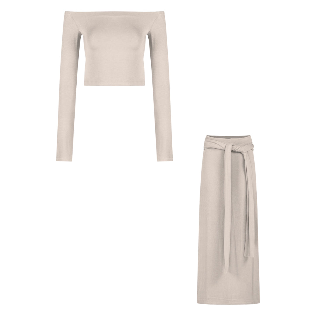 Off-Shoulder Fitted Long-Sleeve Top & Tie-Up Bodycon Skirt Set – Sexy Two-Piece Outfit (Available in 2 Colors)