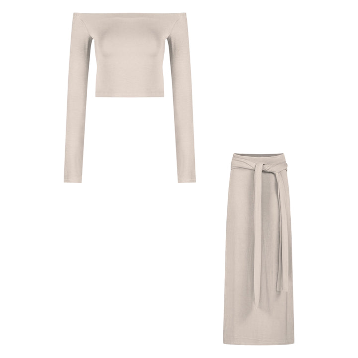 Off-Shoulder Fitted Long-Sleeve Top & Tie-Up Bodycon Skirt Set – Sexy Two-Piece Outfit (Available in 2 Colors)