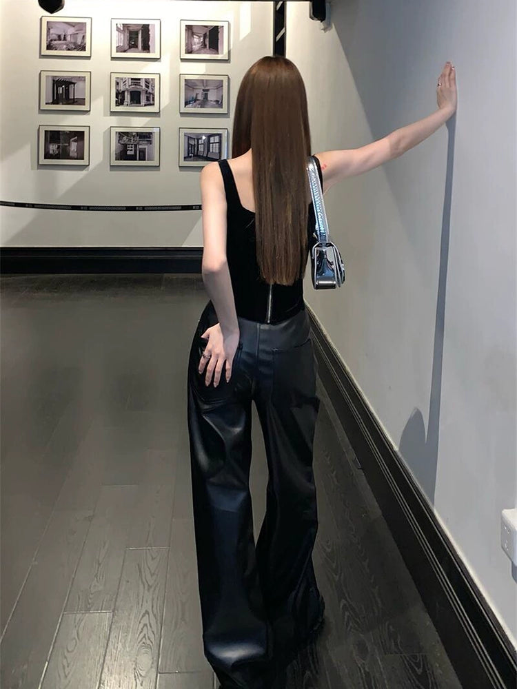 Black High-Waist PU Leather Wide-Leg Pants