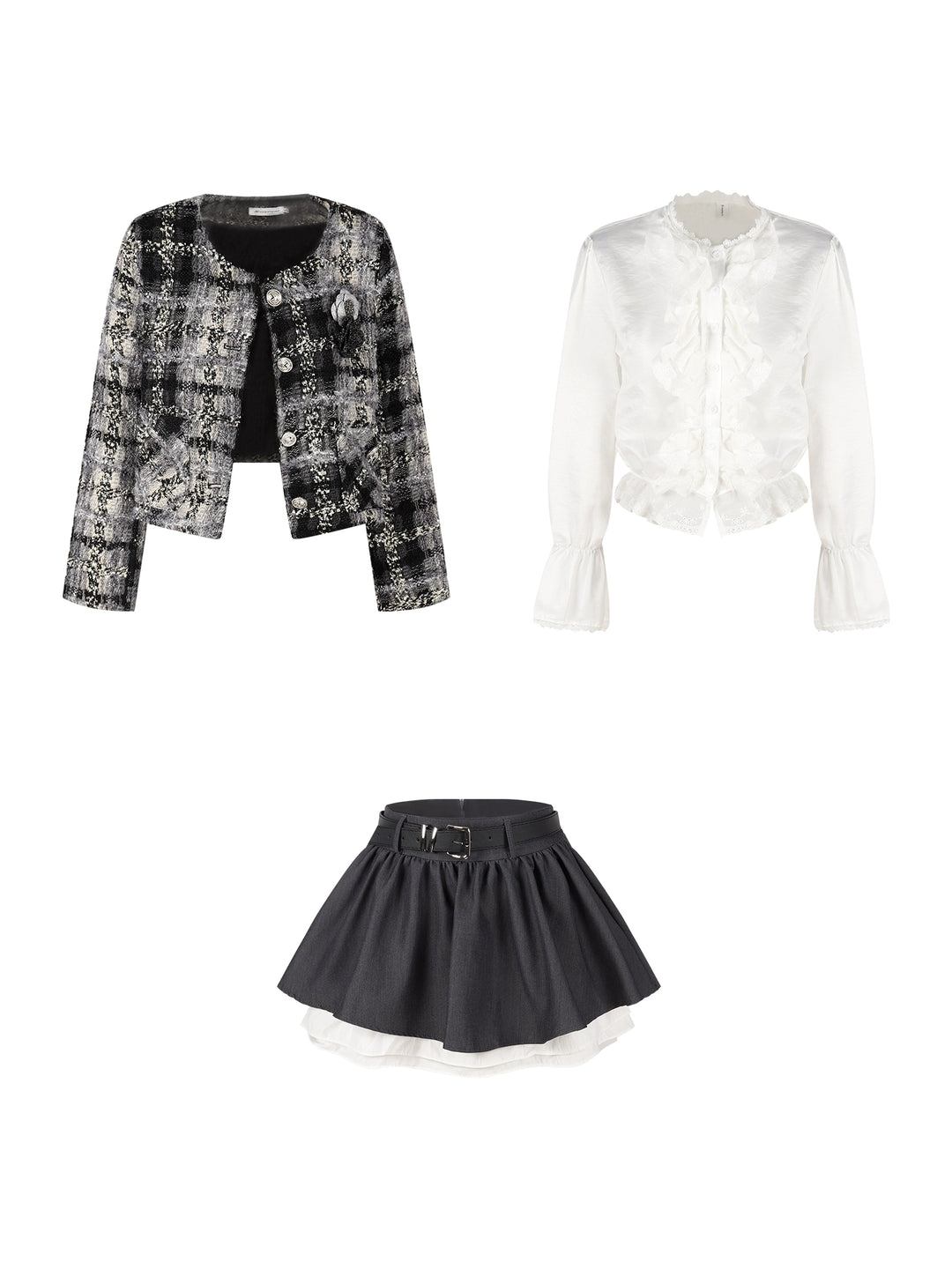 Elegant Tweed Floral Jacket, White Blouse & Gray Mini Skirt Set – Korean Chic Three-Piece Outfit