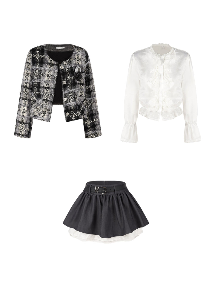 Elegant Tweed Floral Jacket, White Blouse & Gray Mini Skirt Set – Korean Chic Three-Piece Outfit