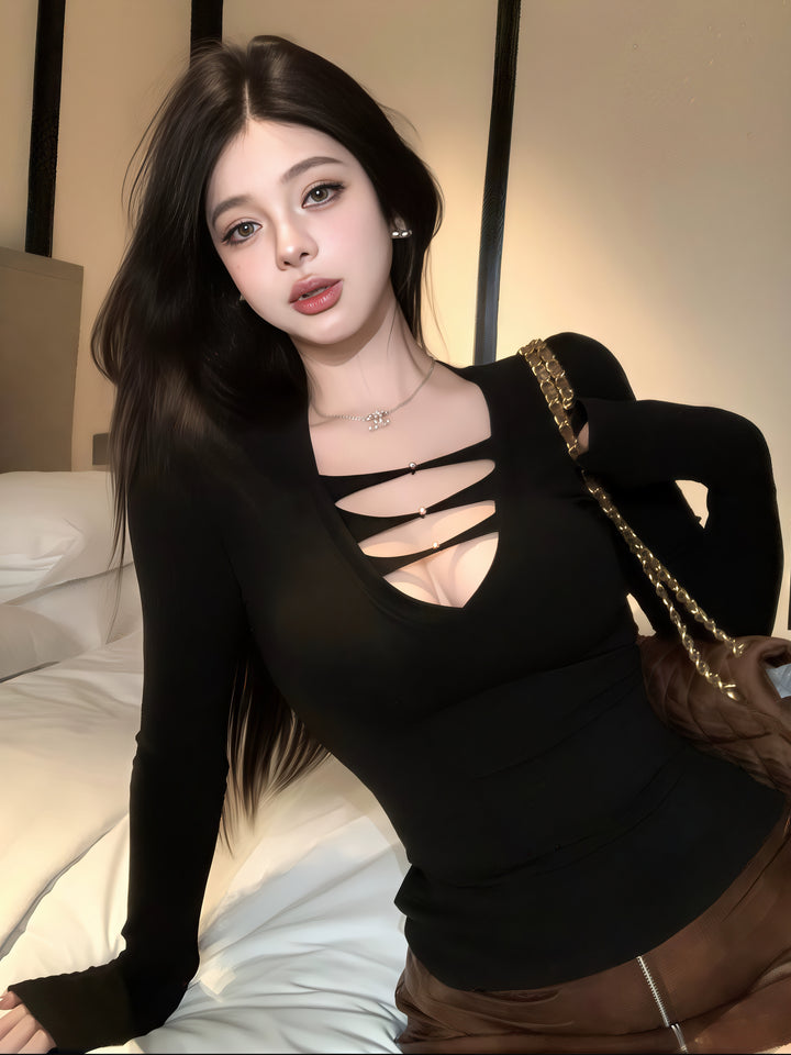 Sexy V-Neck Fleece-Lined Slim Long Sleeve Top (Available in 2 Colors)