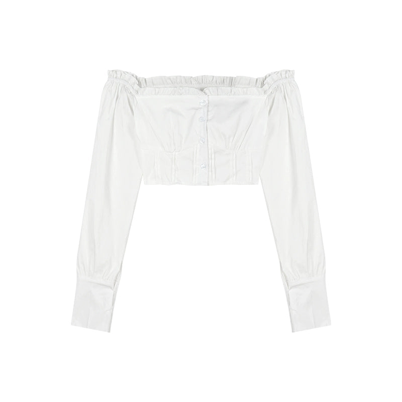 Off-Shoulder White Long Sleeve Shirt – Sexy Slim-Fit Cropped Blouse