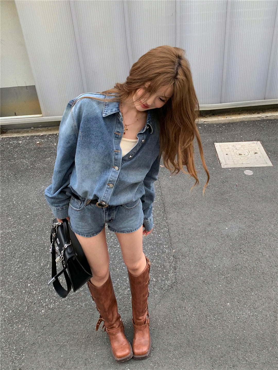 Vintage Blue Denim Jacket & Shorts Set – Casual Two-Piece Outfit