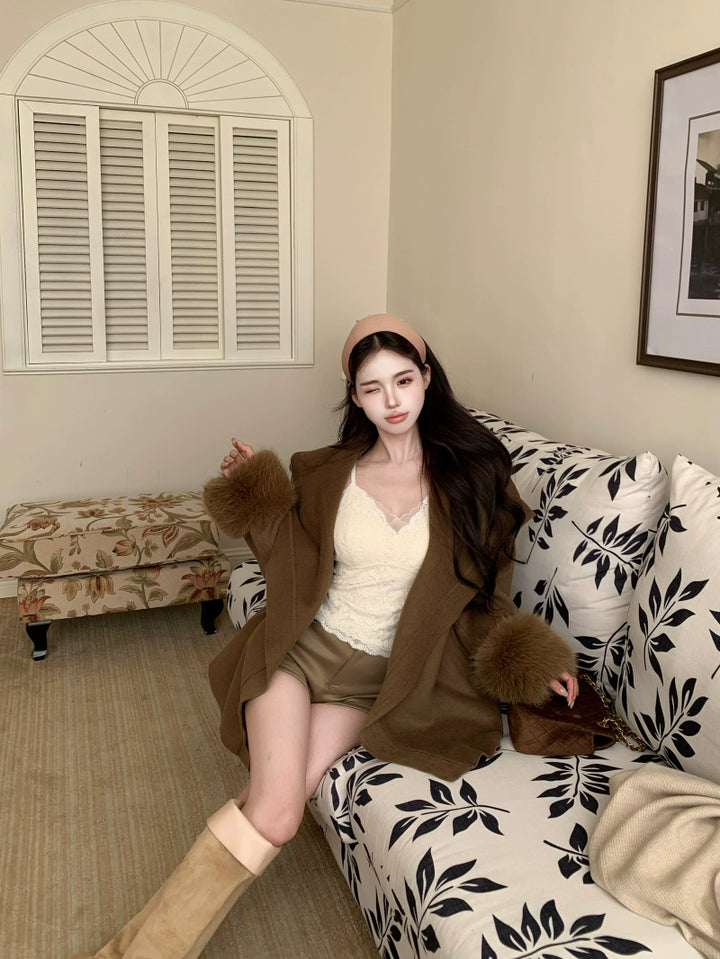 Elegant Belted Faux-Fur Cuff Coat – Mid-Length Soft Vintage Look (Available in 4 Colors)