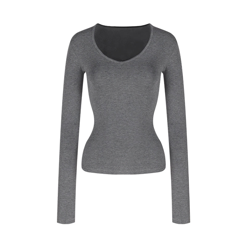 Soft V-Neck Fleece-Lined Slim Long Sleeve Top (Available in 5 Colors)