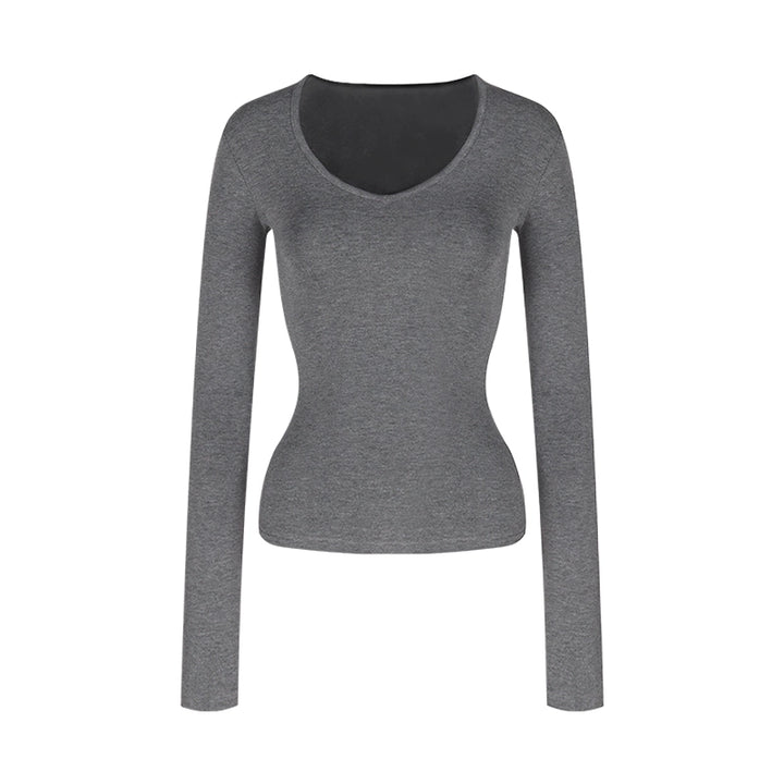 Soft V-Neck Fleece-Lined Slim Long Sleeve Top (Available in 5 Colors)
