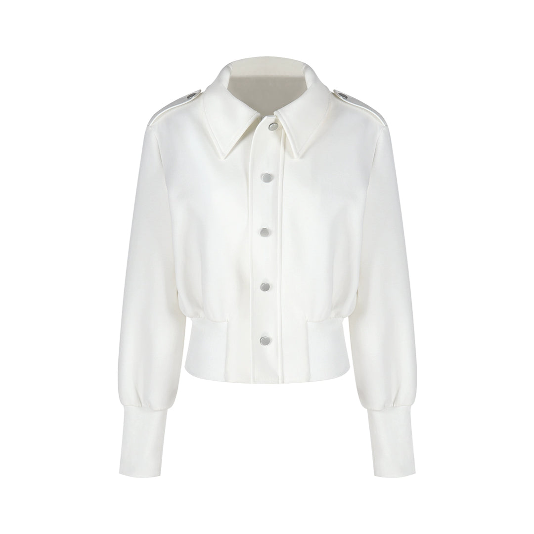 White Stand-Collar Button-Up Jacket – Loose Fit Long-Sleeve Cardigan Coat