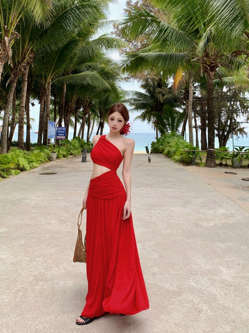 Asymmetrical One-Shoulder Maxi Dress – Cutout A-Line Vacation Dress (Available in 2 Colors)