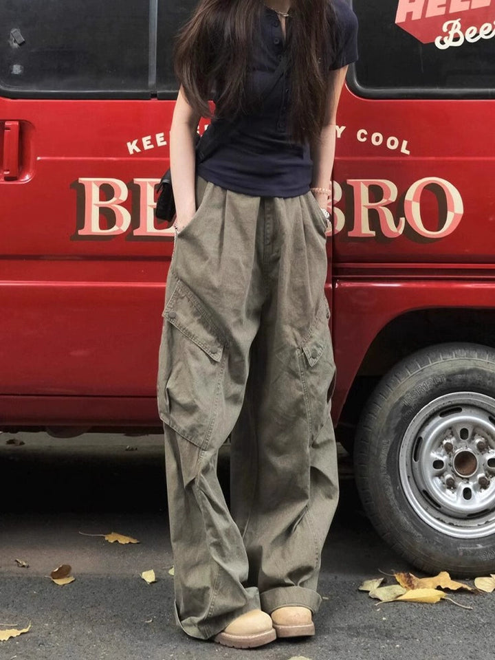 Army Green Cargo Denim Pants – Vintage High-Waist Wide-Leg Jeans with Utility Pockets