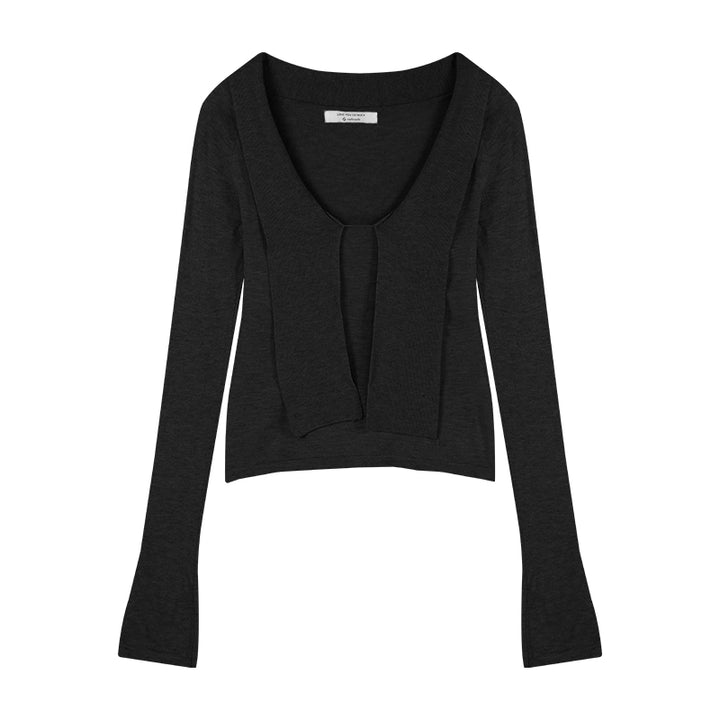 V-Neck Ribbon Tie Knit Top – Slim Fit Long Sleeve Sweater (Available in 2 Colors)