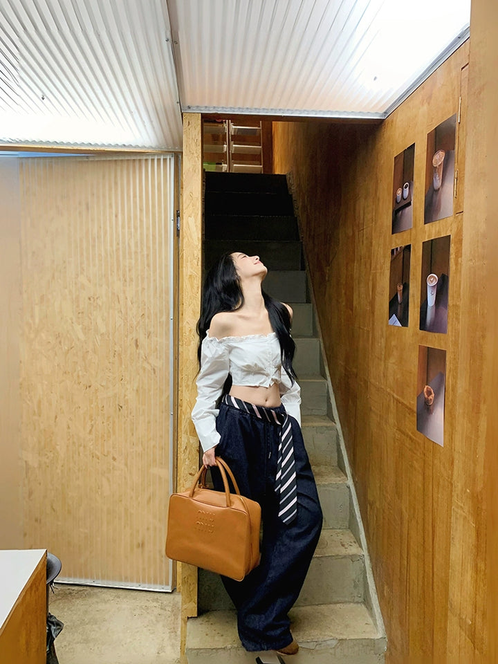 Off-Shoulder White Long Sleeve Shirt – Sexy Slim-Fit Cropped Blouse