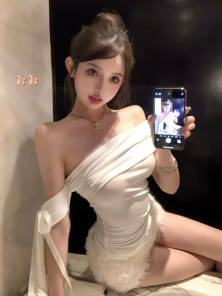 露肩修身蝴蝶結T卹 - 夏季韓版風格