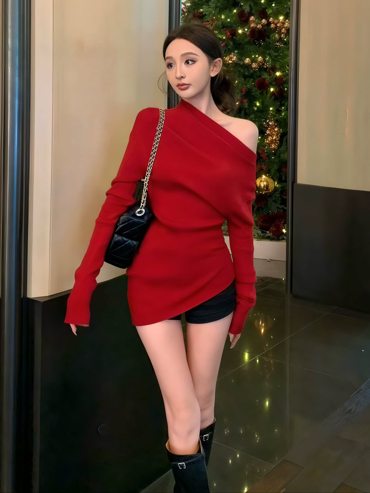 Asymmetric Off-Shoulder Slim Knit Top (Available in 4 Colors)