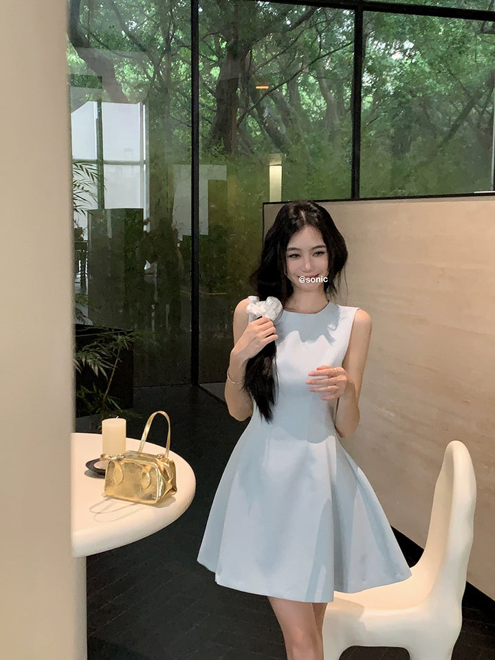 Korean Blue Sleeveless A-Line Mini Dress – Slim Fit Flared Short Dress (Available in 5 Colors)
