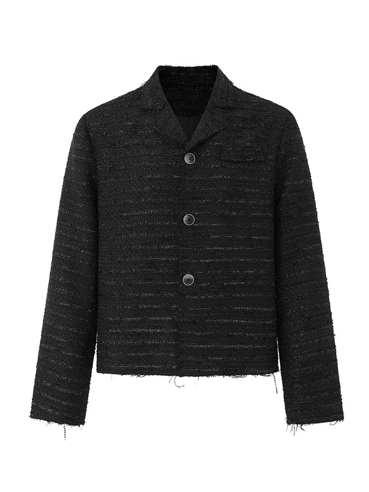 【至高の品格】モダンツイード・ノーカラーブルゾン（韓国ミニマル）