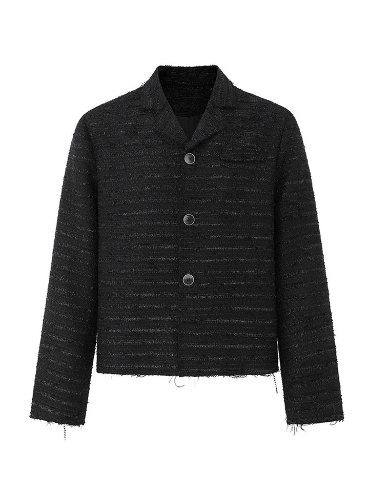 【至高の品格】モダンツイード・ノーカラーブルゾン（韓国ミニマル）