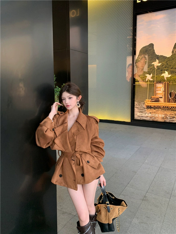 Vintage Brown Suede Jacket – Belted Loose-Fit Long Sleeve Cardigan Coat