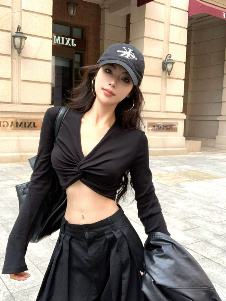 Twisted V-Neck Long Sleeve Crop Top – American Sexy Slim-Fit Tee (Available in 2 Colors)