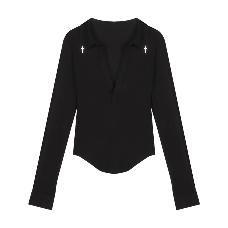 Black V-Neck Slim Fit Long Sleeve Top – Sexy Curved Hem Design