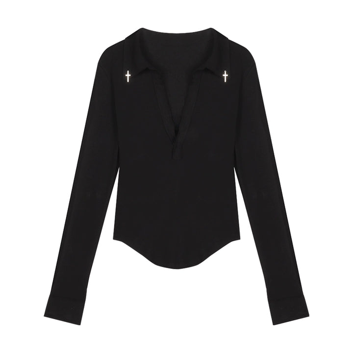 Black V-Neck Slim Fit Long Sleeve Top – Sexy Curved Hem Design