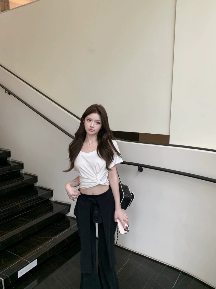White Twisted Front Crop Tee – Slim-Fit Short Sleeve Top