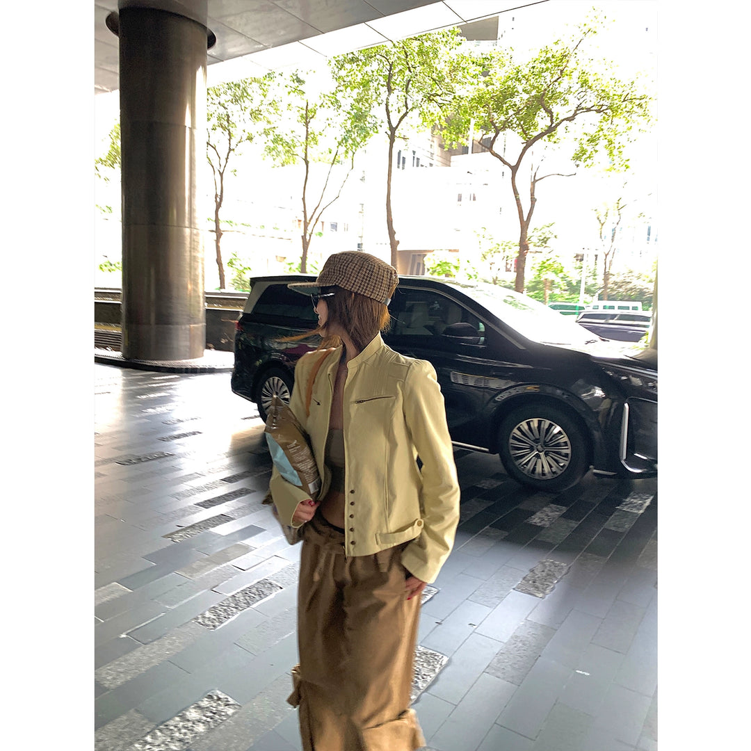 Black Strawberry Double-Zip Short Jacket – Stand Collar Cropped Outerwear (Available in 2 Colors)