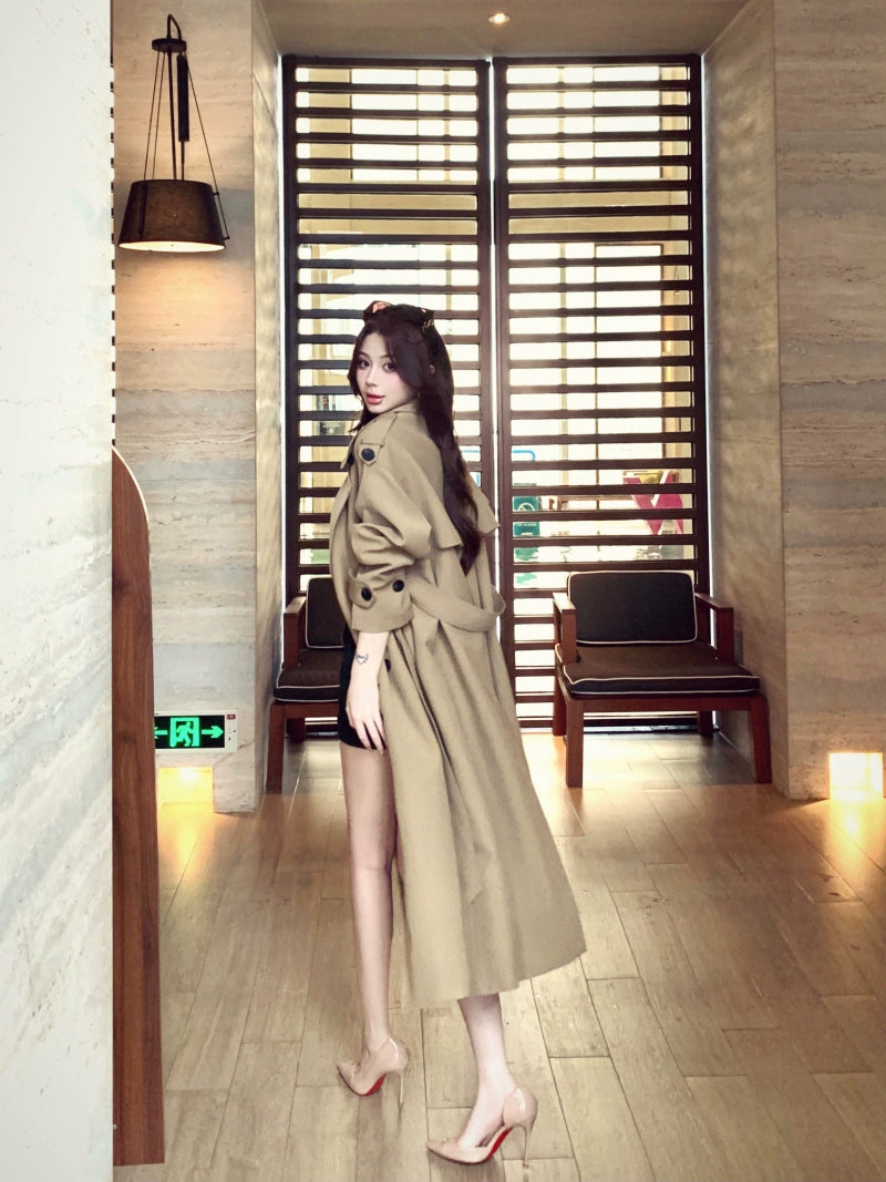 Khaki Double-Breasted Trench Coat – Elegant Long Vintage Windbreaker