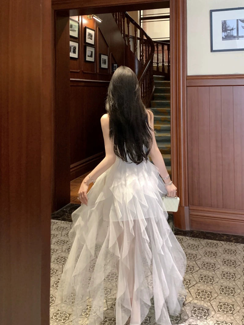 French White Mesh Strap Long Dress – Elegant A-Line Waist Slimming Gown