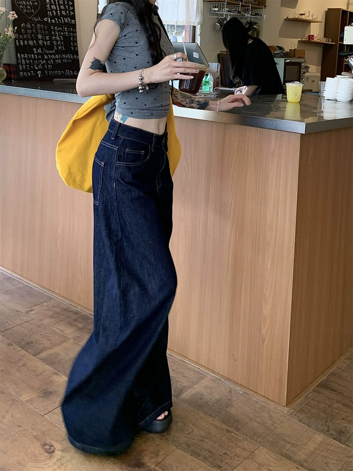 Deep Blue High-Waist Wide-Leg Jeans – Vintage Loose Straight Pants for Women