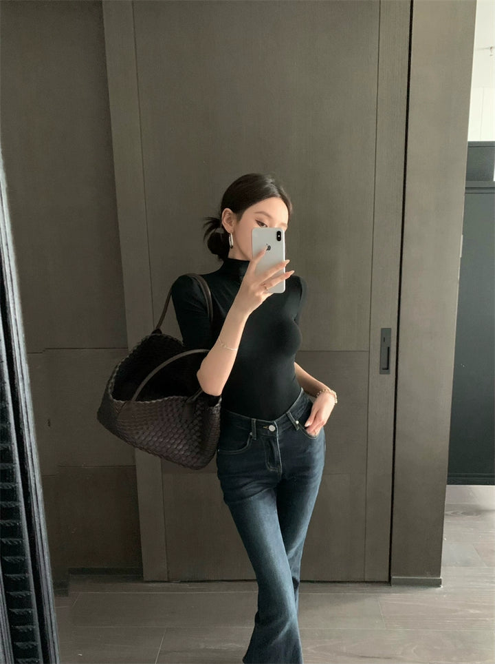 High-Neck Half-Sleeve Slim Fit Top – Elegant Korean Chic Style (Available in 4 Colors)