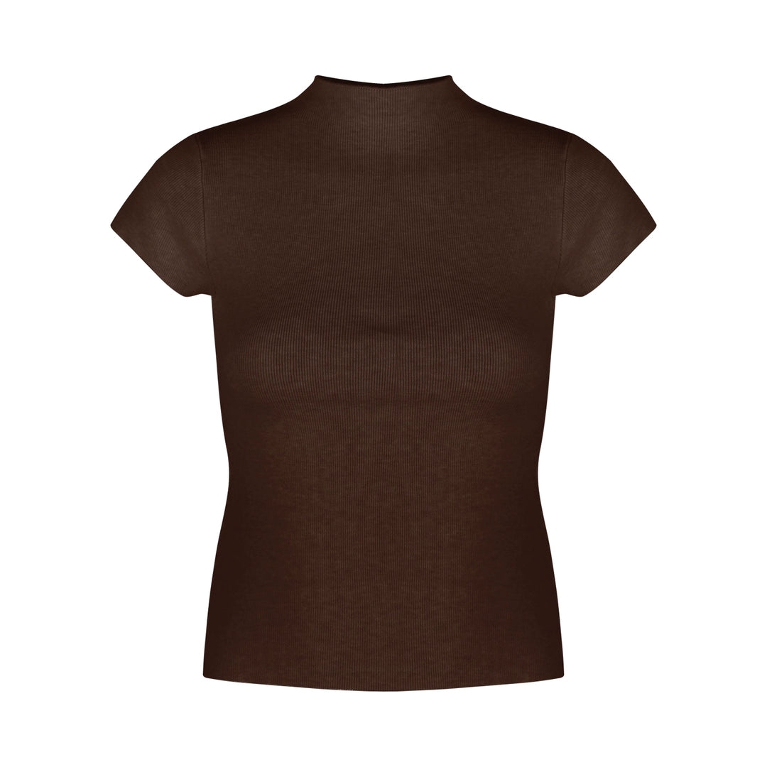 Mock Neck Ribbed Short Sleeve Knit Top – Slim Fit Cropped Tee(Available in 10 Colors)