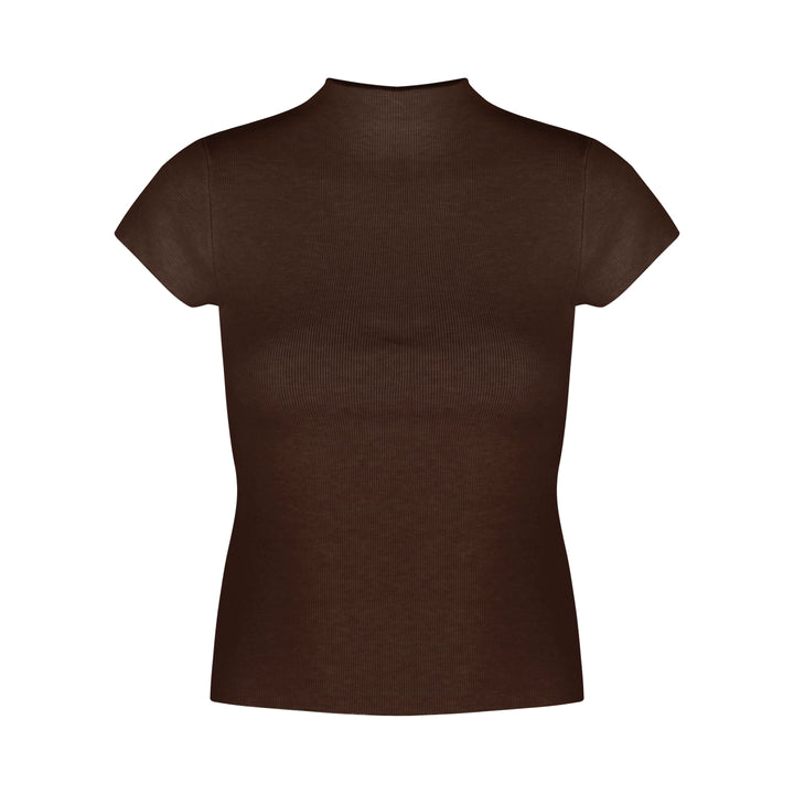 Mock Neck Ribbed Short Sleeve Knit Top – Slim Fit Cropped Tee(Available in 10 Colors)