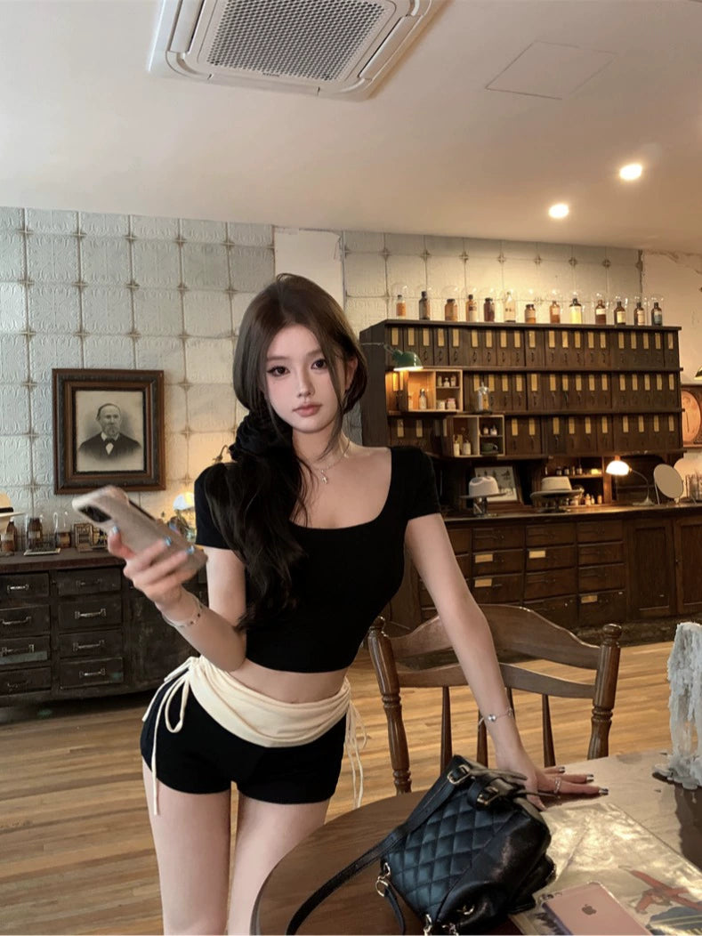 Black Slim-Fit Round Neck Short Sleeve Crop Top – Sexy Tight Basic Tee