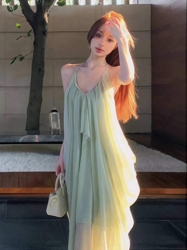 露背挂脖褶饰长裙 - Pure Desire 夏季绿色 A 字度假连衣裙