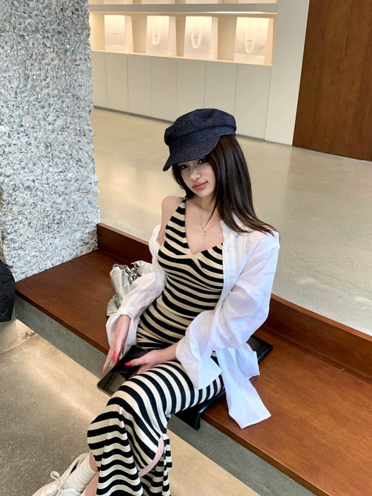 Striped V-Neck Bodycon Maxi Dress with Side Slit – Summer Slim Fit Elegant Style