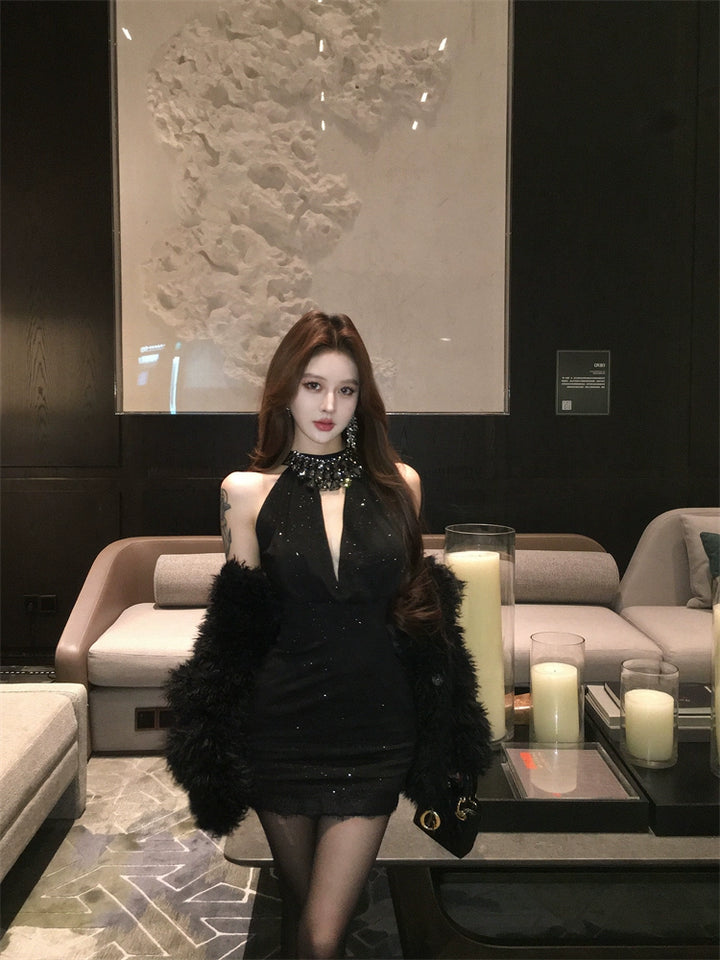 Black Rhinestone Halter Mini Dress – Backless Bodycon Party Dress