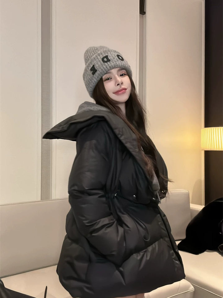Black Puffer Cotton Jacket – Mid-Length Drawstring Winter Coat (Available in 2 Colors)