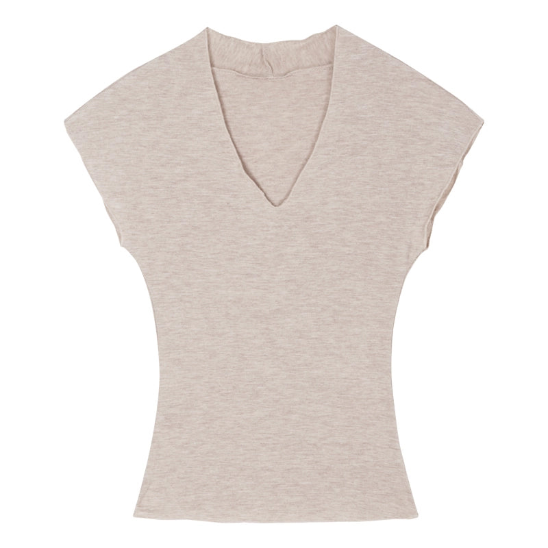 V-Neck Ribbed Knit Short Sleeve Top – Slim-Fit Cropped K-Fashion Tee