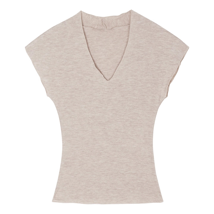 V-Neck Ribbed Knit Short Sleeve Top – Slim-Fit Cropped K-Fashion Tee