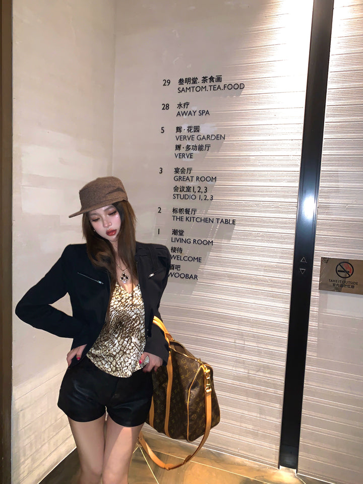 Black Strawberry Double-Zip Short Jacket – Stand Collar Cropped Outerwear (Available in 2 Colors)